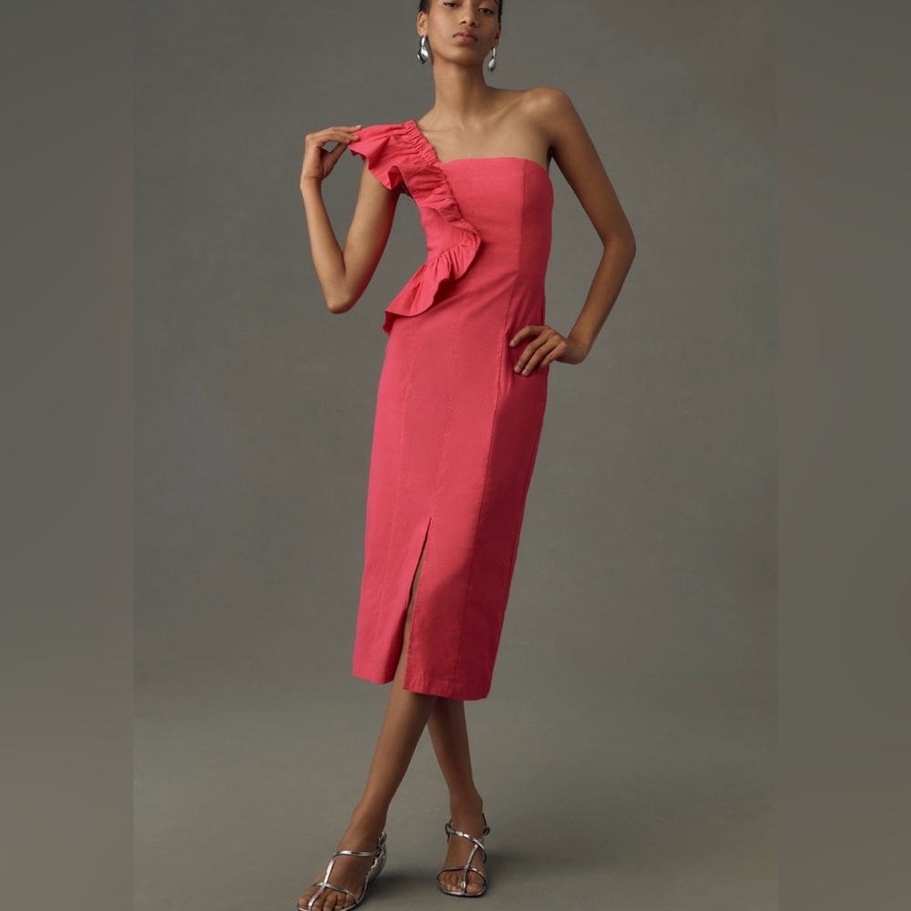 Anthropologie One-Shoulder Ruffle Linen Column Midi Dress Medium NWT